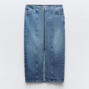 Zara Front Zip Denim Midi Skirt 14 XL